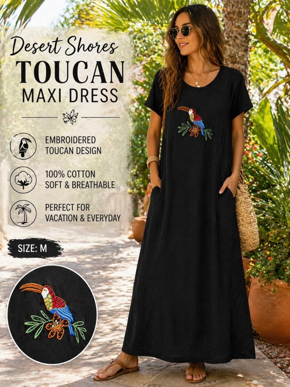 Desert Shores Toucan Embroidered Maxi Dress Black Cotton M